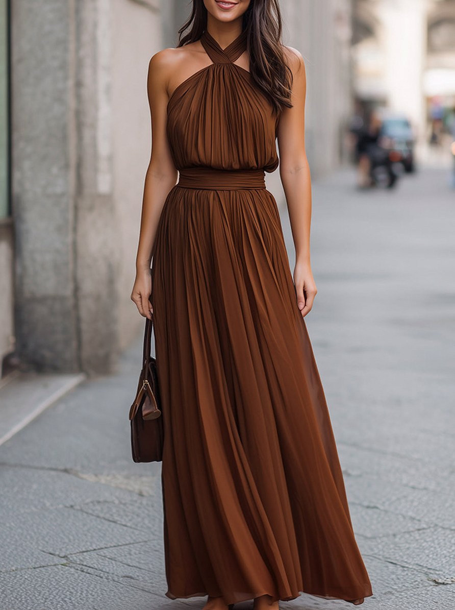 Chiffon Halter Pleated Maxi Dress