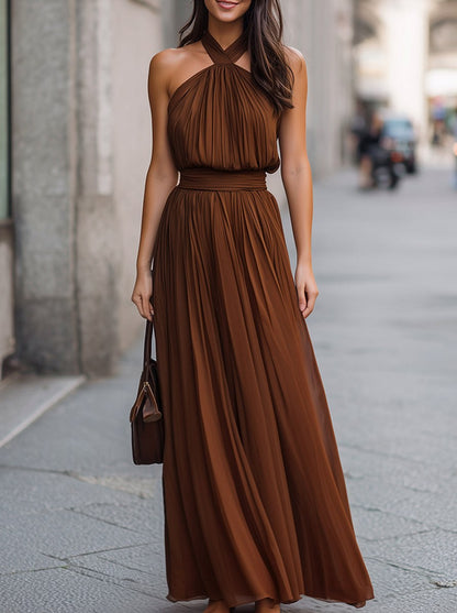 Chiffon Halter Pleated Maxi Dress