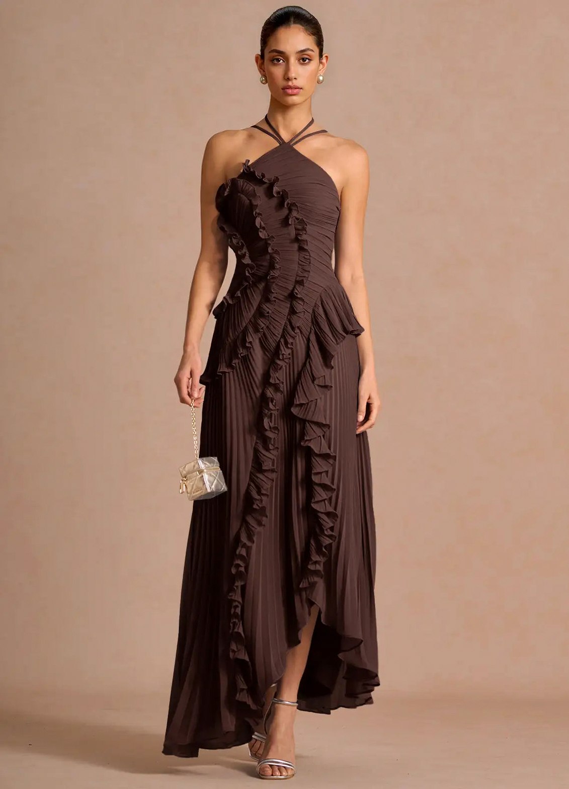 Chiffon Halter Pleated Maxi Dress