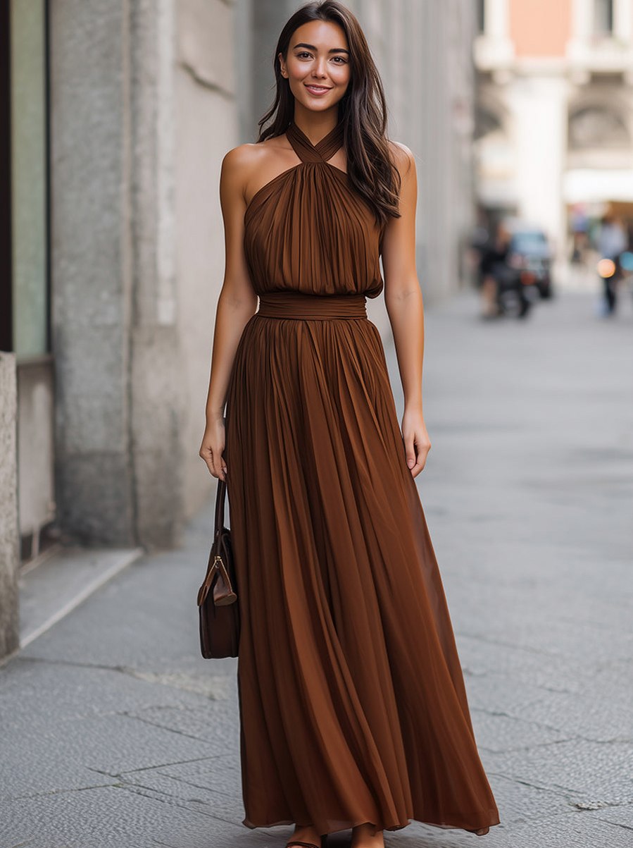 Chiffon Halter Pleated Maxi Dress