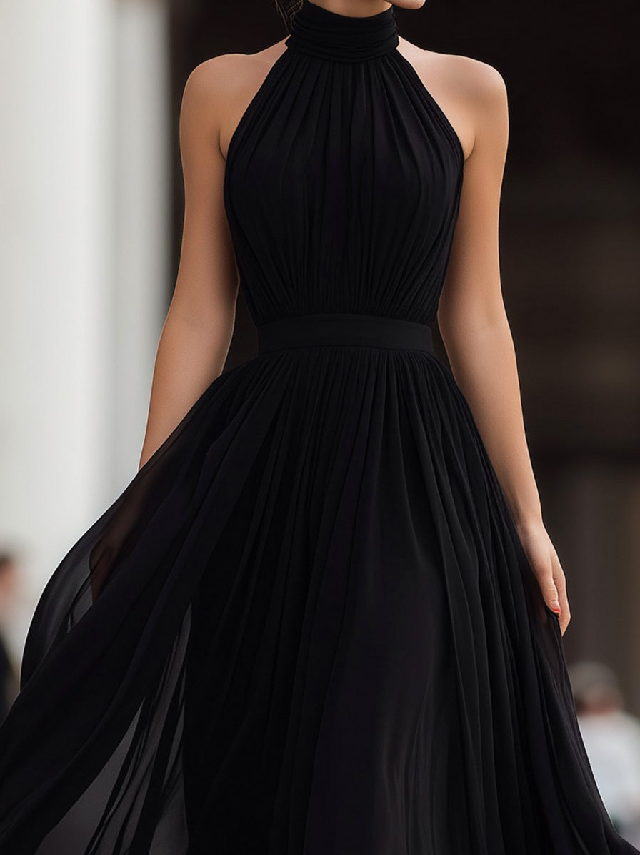Chiffon Halter Pleated Maxi Dress