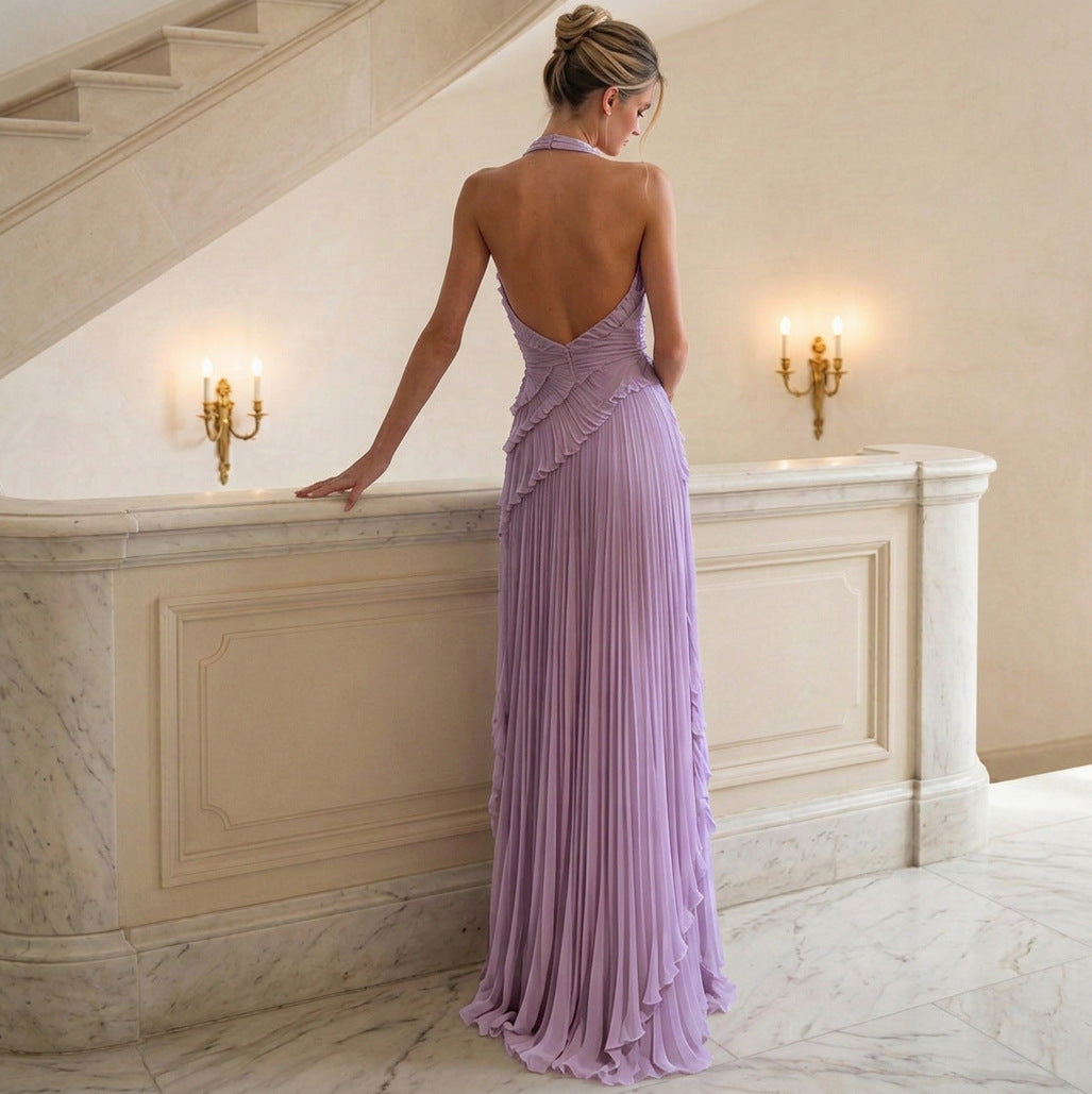 Chiffon Halter Pleated Maxi Dress