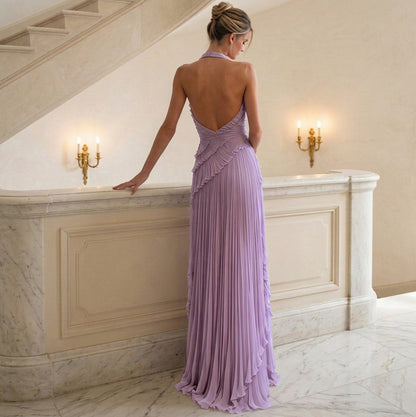 Chiffon Halter Pleated Maxi Dress