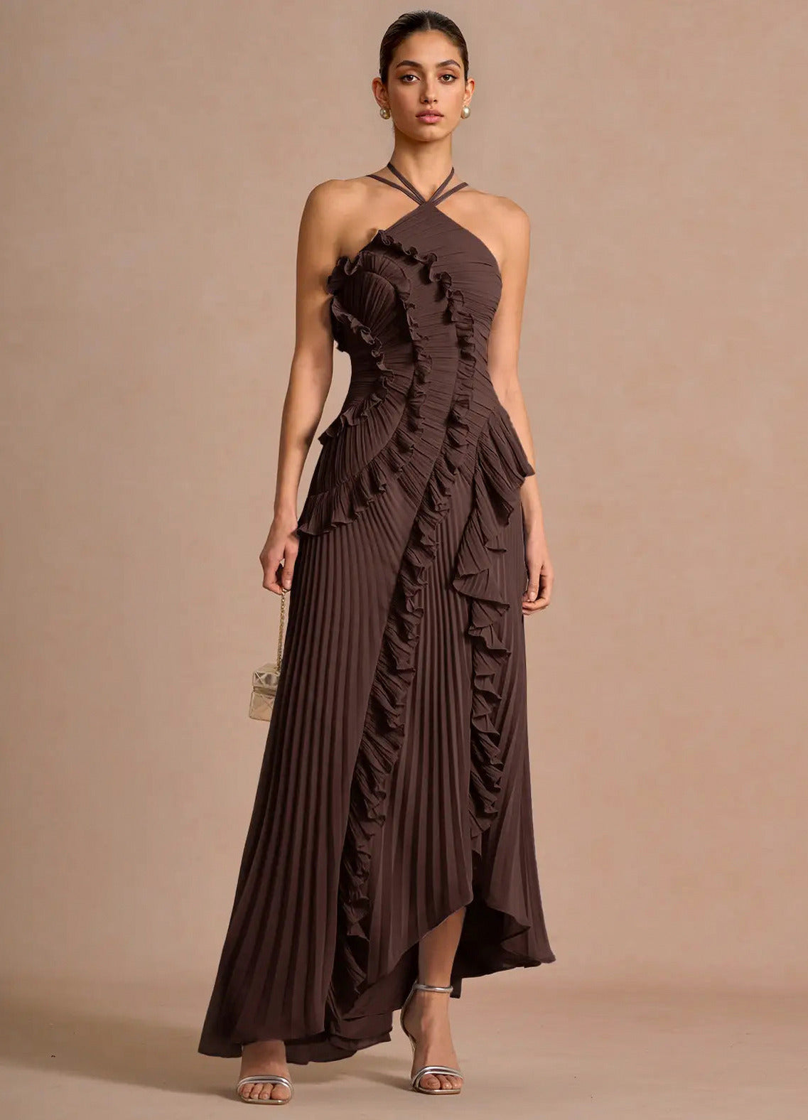Chiffon Halter Pleated Maxi Dress