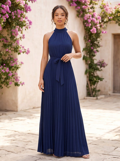 Chiffon Halter Pleated Maxi Dress