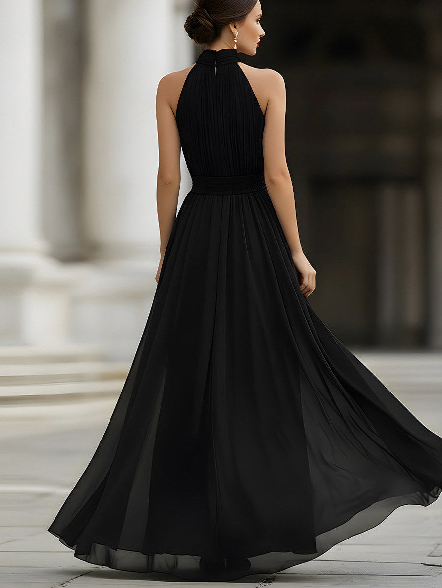 Chiffon Halter Pleated Maxi Dress