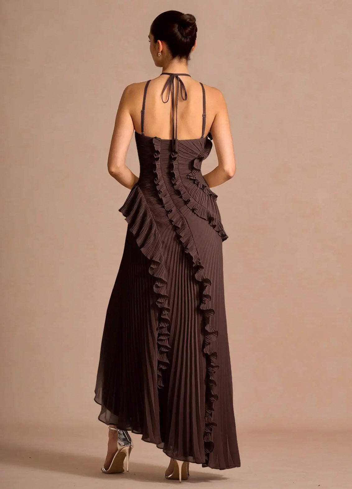 Chiffon Halter Pleated Maxi Dress