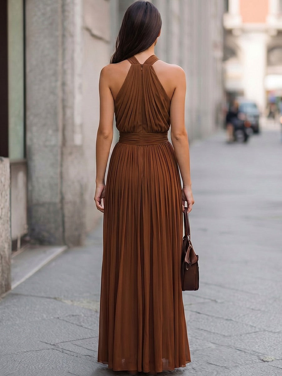 Chiffon Halter Pleated Maxi Dress