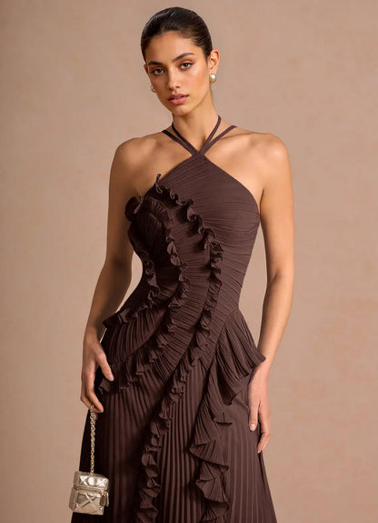 Chiffon Halter Pleated Maxi Dress
