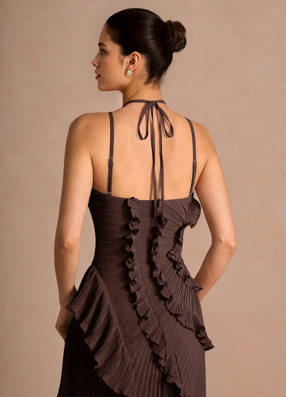 Chiffon Halter Pleated Maxi Dress