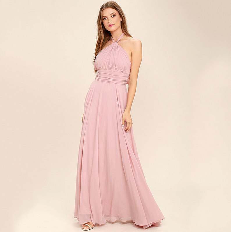 Chiffon Halter Ruched Maxi Dress