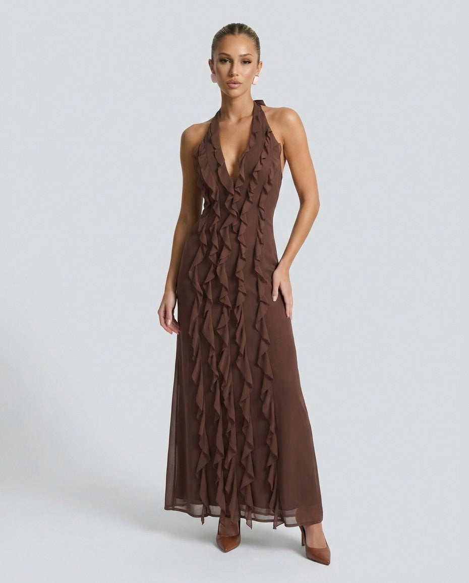 Chiffon Halter Ruffle Maxi Dress
