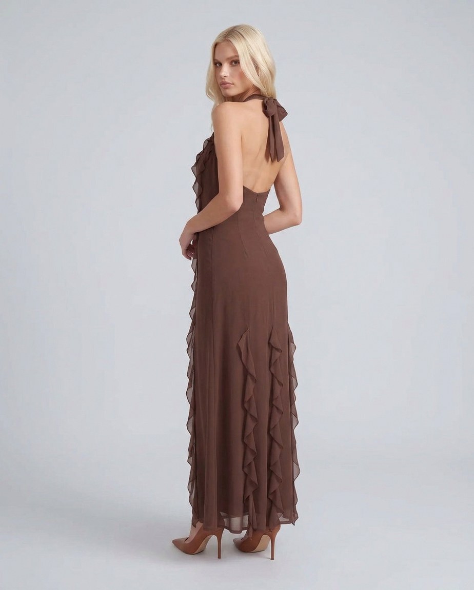 Chiffon Halter Ruffle Maxi Dress