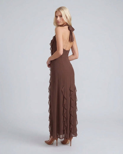 Chiffon Halter Ruffle Maxi Dress