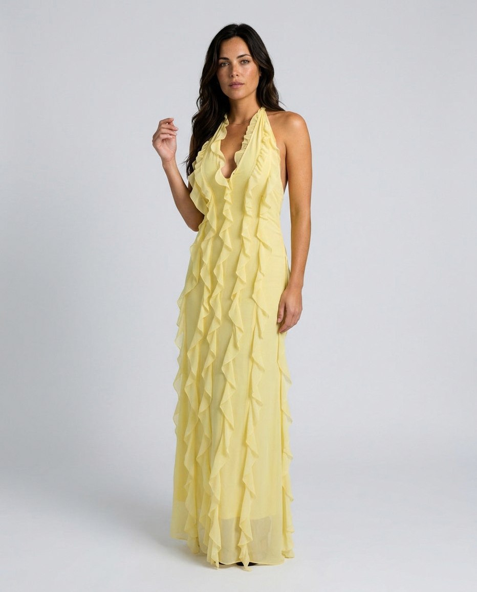 Chiffon Halter Ruffle Maxi Dress