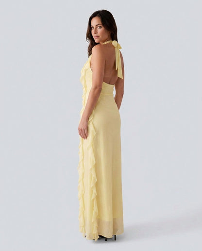 Chiffon Halter Ruffle Maxi Dress