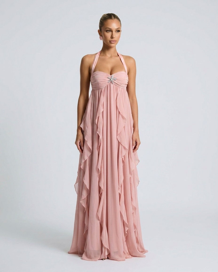 Chiffon Halter Tiered Maxi Dress
