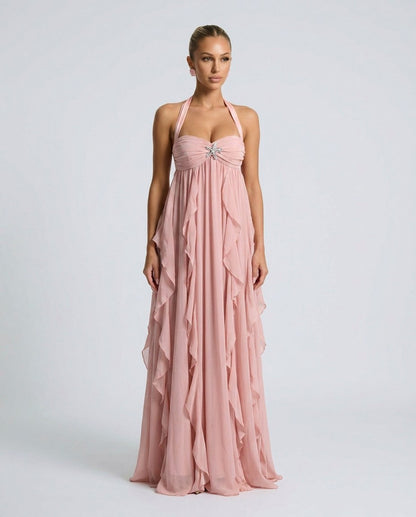 Chiffon Halter Tiered Maxi Dress