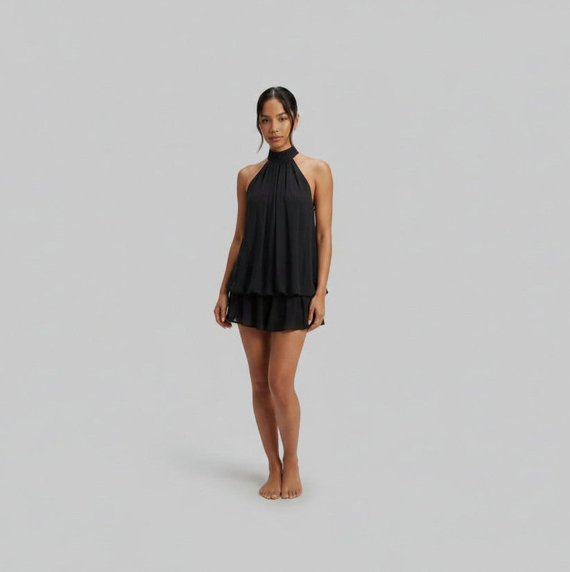 Chiffon Halter Tiered Mini Dress