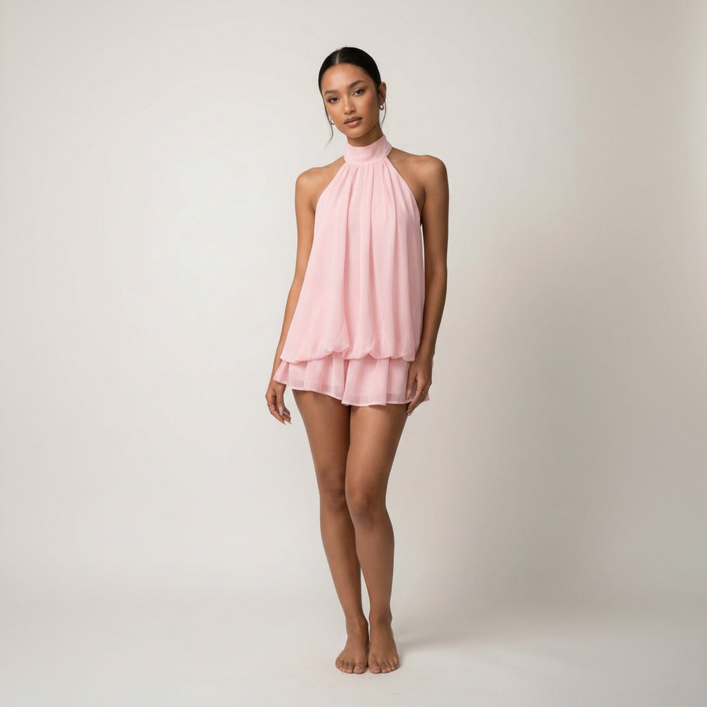 Chiffon Halter Tiered Mini Dress