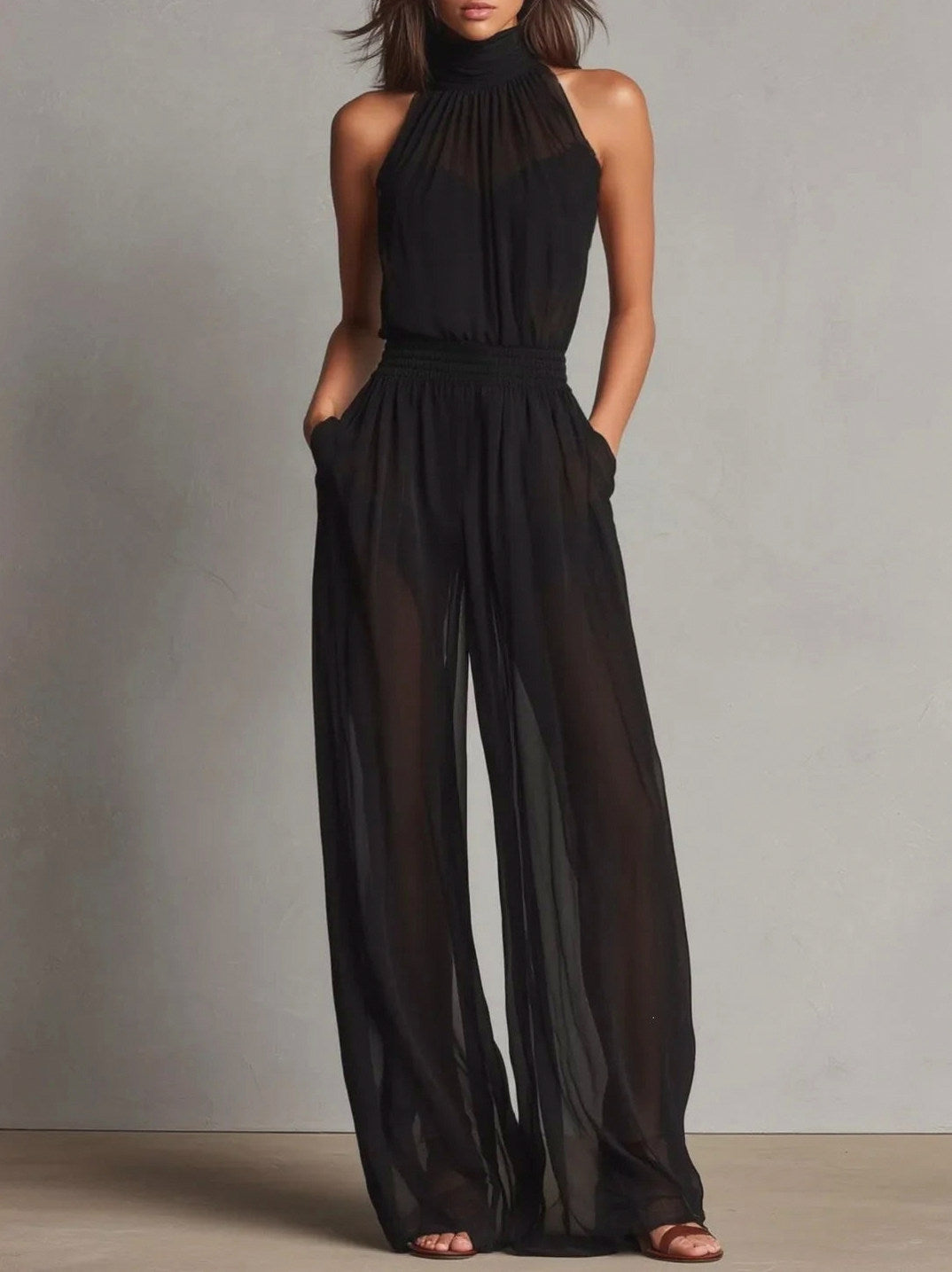 Chiffon Halter Wide Leg Jumpsuit