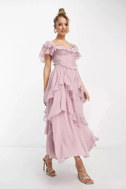 Chiffon Off Shoulder Corset Midi Dress