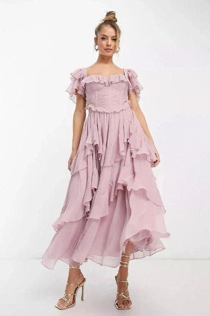 Chiffon Off Shoulder Corset Midi Dress
