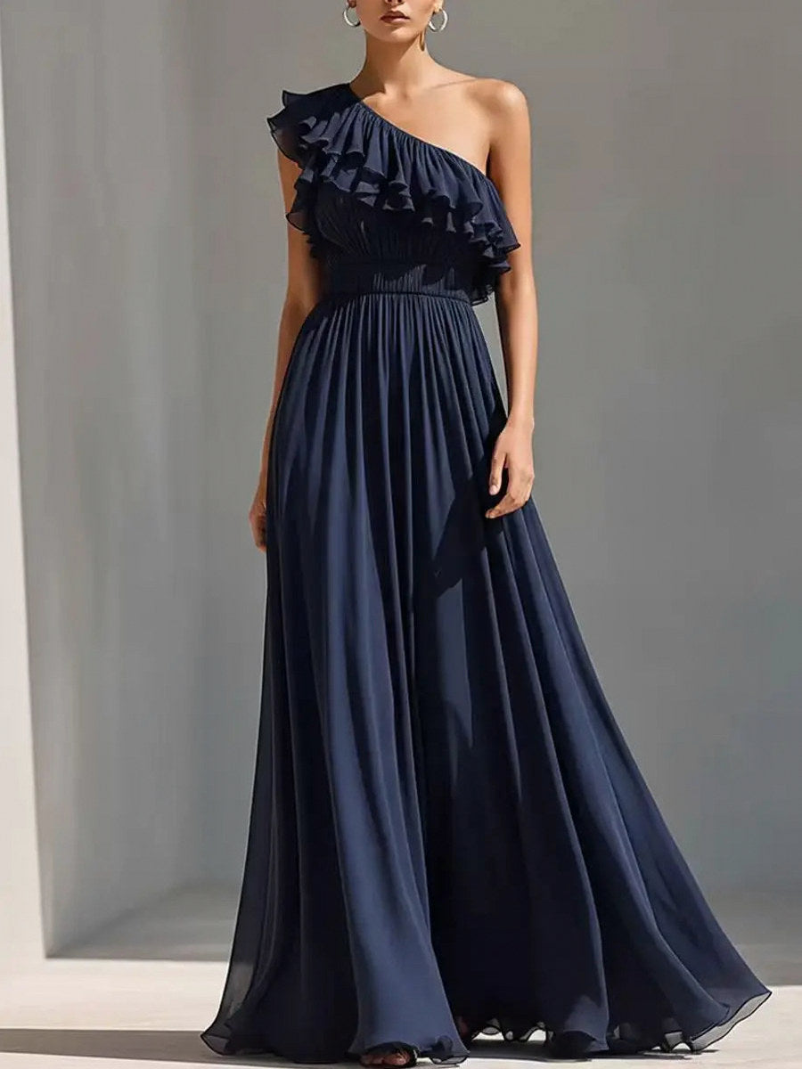 Chiffon One Shoulder Pleated Maxi Dress