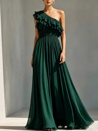Chiffon One Shoulder Pleated Maxi Dress