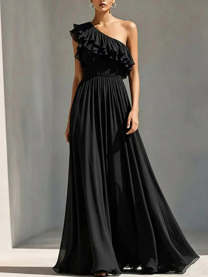 Chiffon One Shoulder Pleated Maxi Dress
