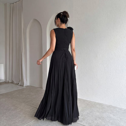 Chiffon Pleated V-Neck Maxi Dress