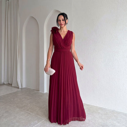 Chiffon Pleated V-Neck Maxi Dress