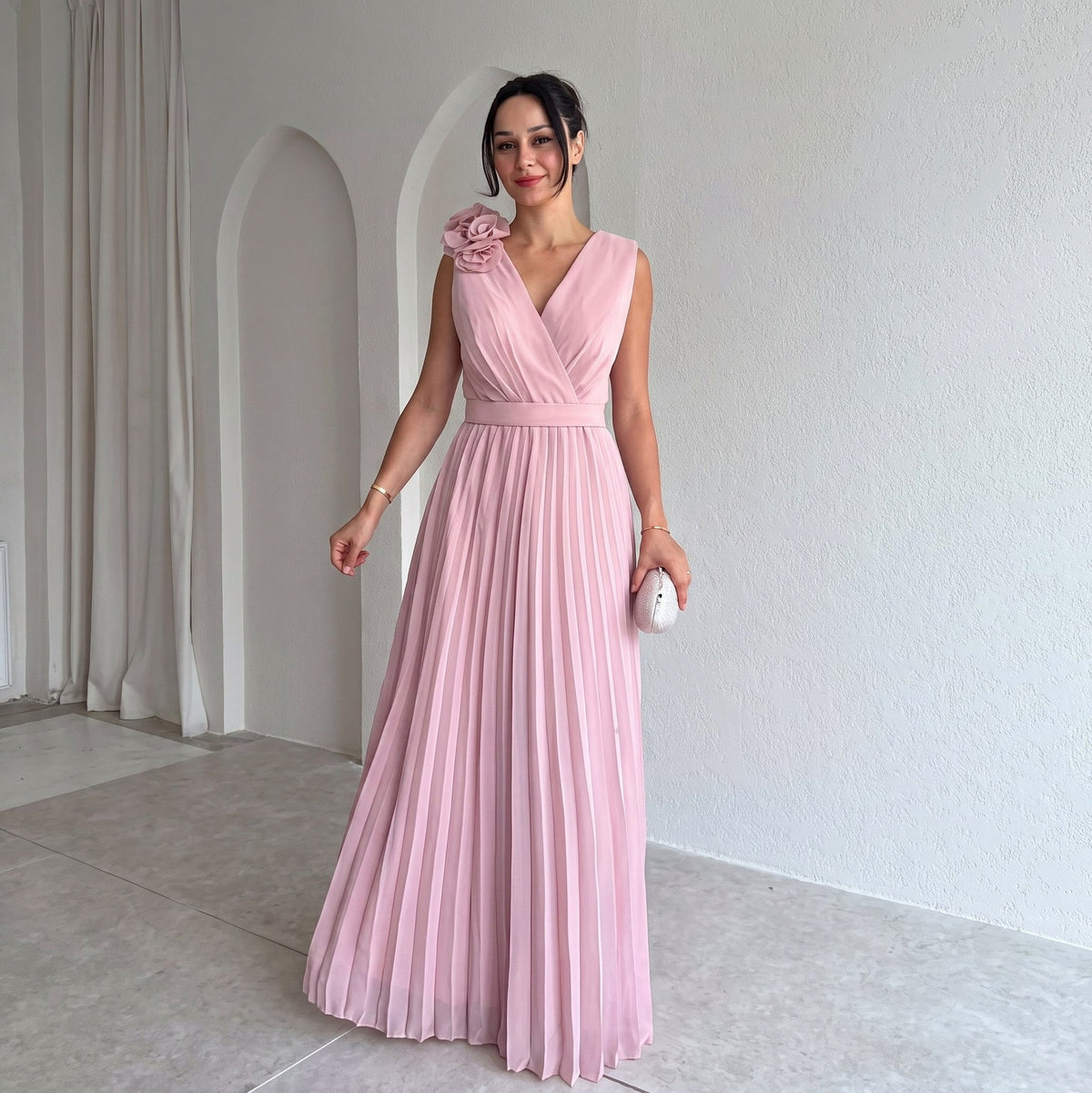 Chiffon Pleated V-Neck Maxi Dress