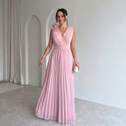 Chiffon Pleated V-Neck Maxi Dress