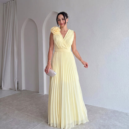 Chiffon Pleated V-Neck Maxi Dress