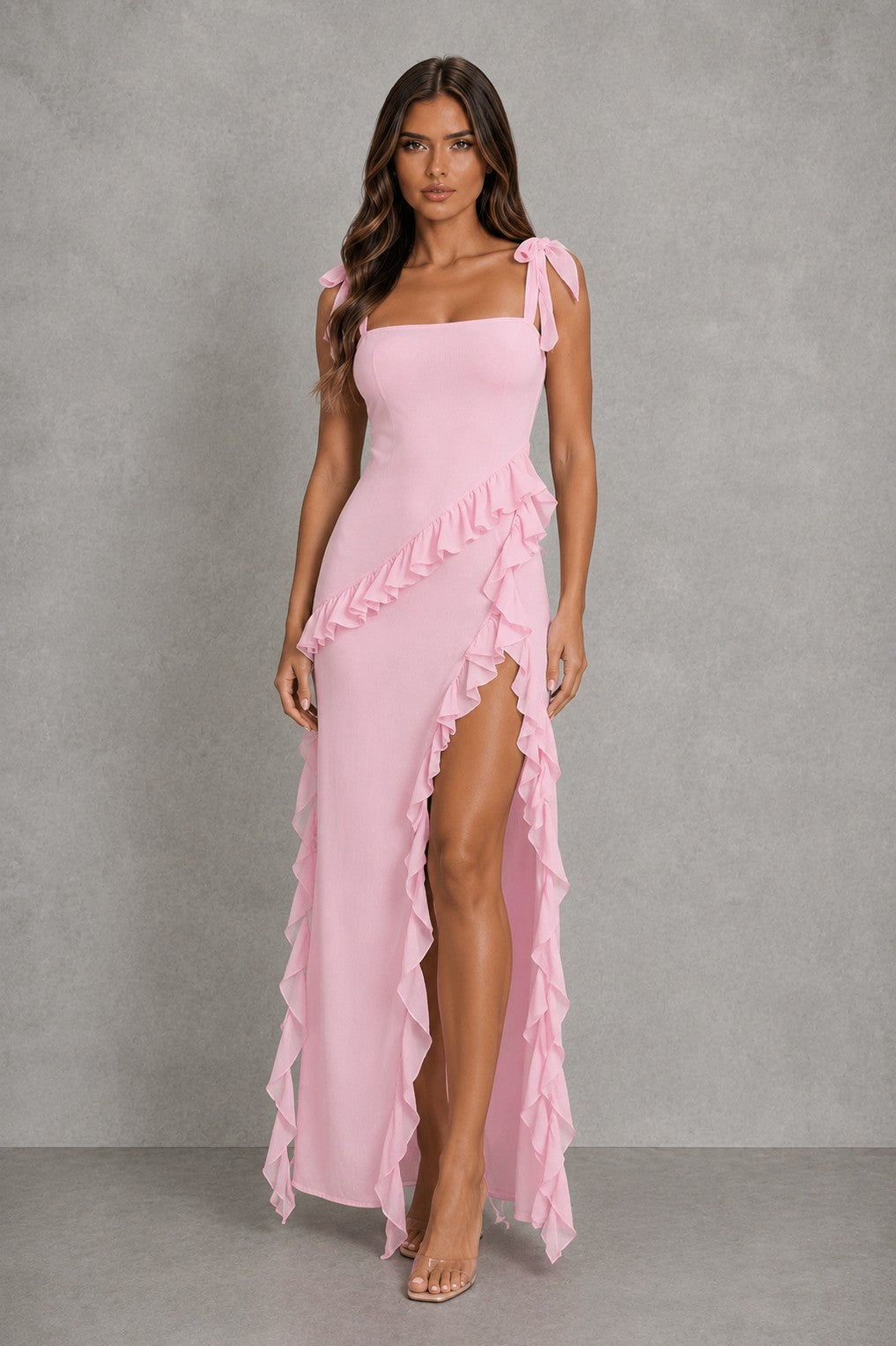 Chiffon Square Neck Ruffle Maxi Dress