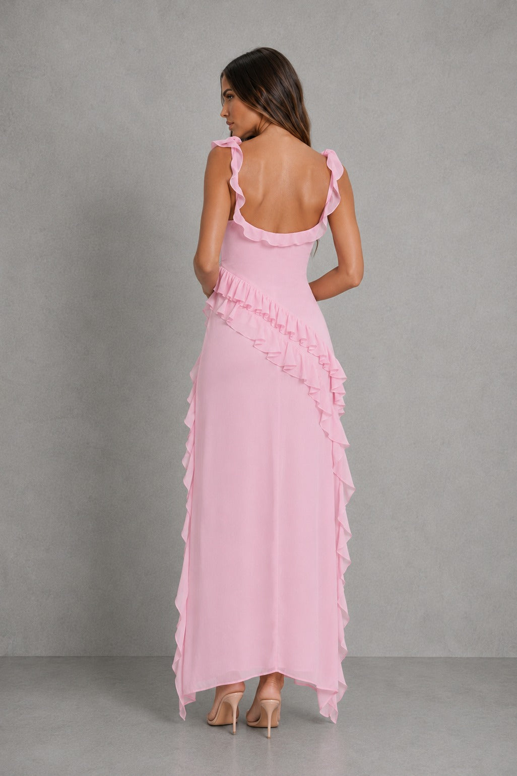 Chiffon Square Neck Ruffle Maxi Dress