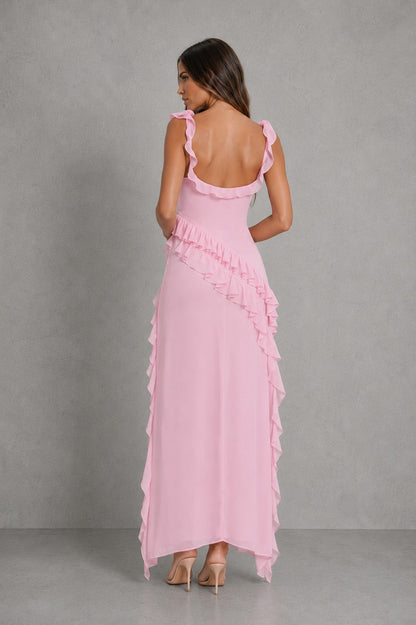 Chiffon Square Neck Ruffle Maxi Dress