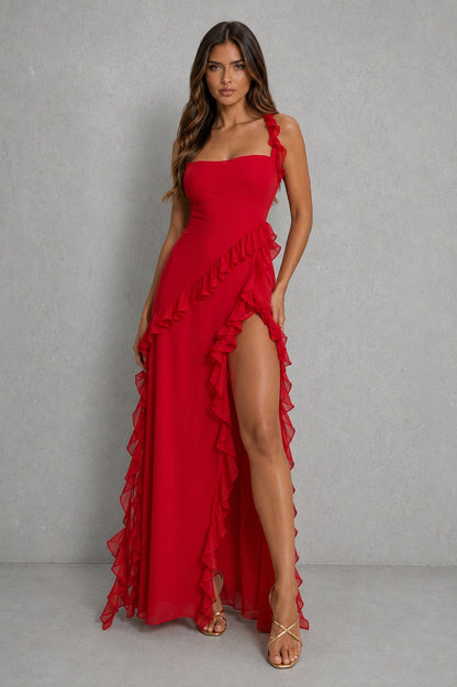 Chiffon Square Neck Ruffle Maxi Dress
