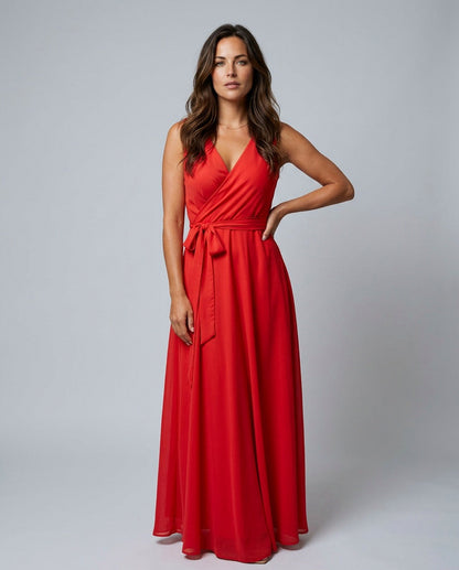 Chiffon Wrap Tie Waist Maxi Dress