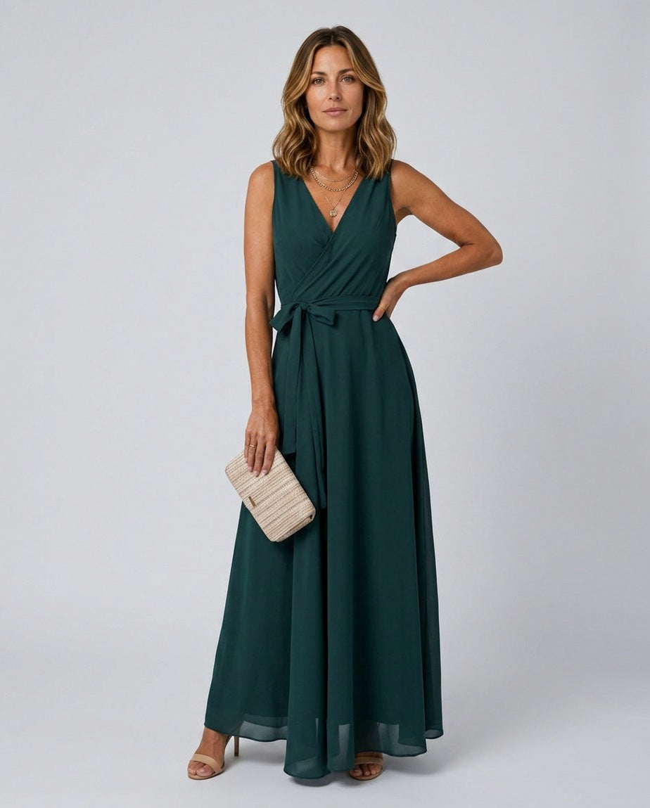 Chiffon Wrap Tie Waist Maxi Dress