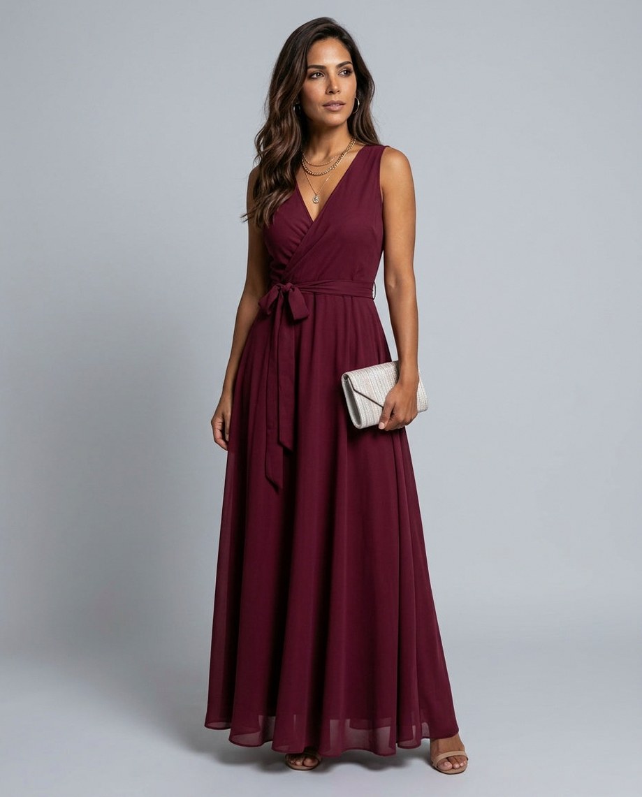 Chiffon Wrap Tie Waist Maxi Dress