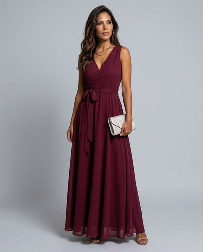 Chiffon Wrap Tie Waist Maxi Dress