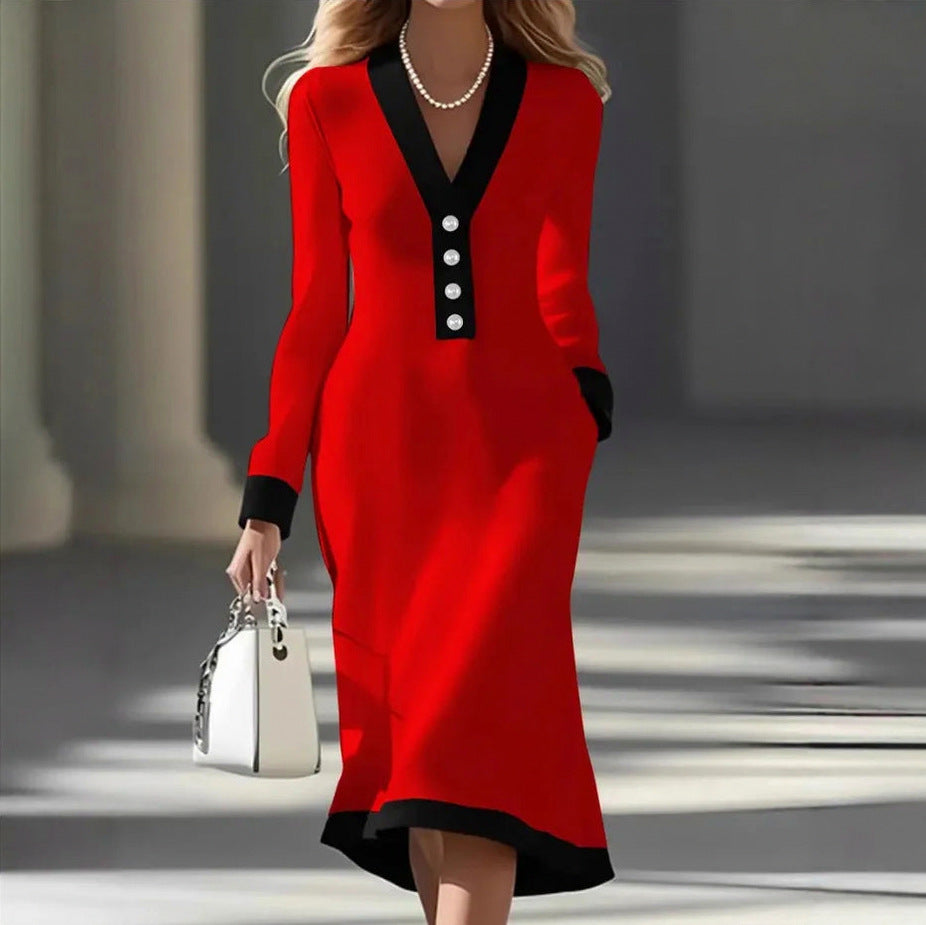 Contrast Trim Long Sleeve Dress