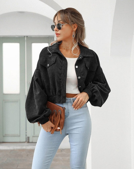Corduroy Button Front Cropped Jacket