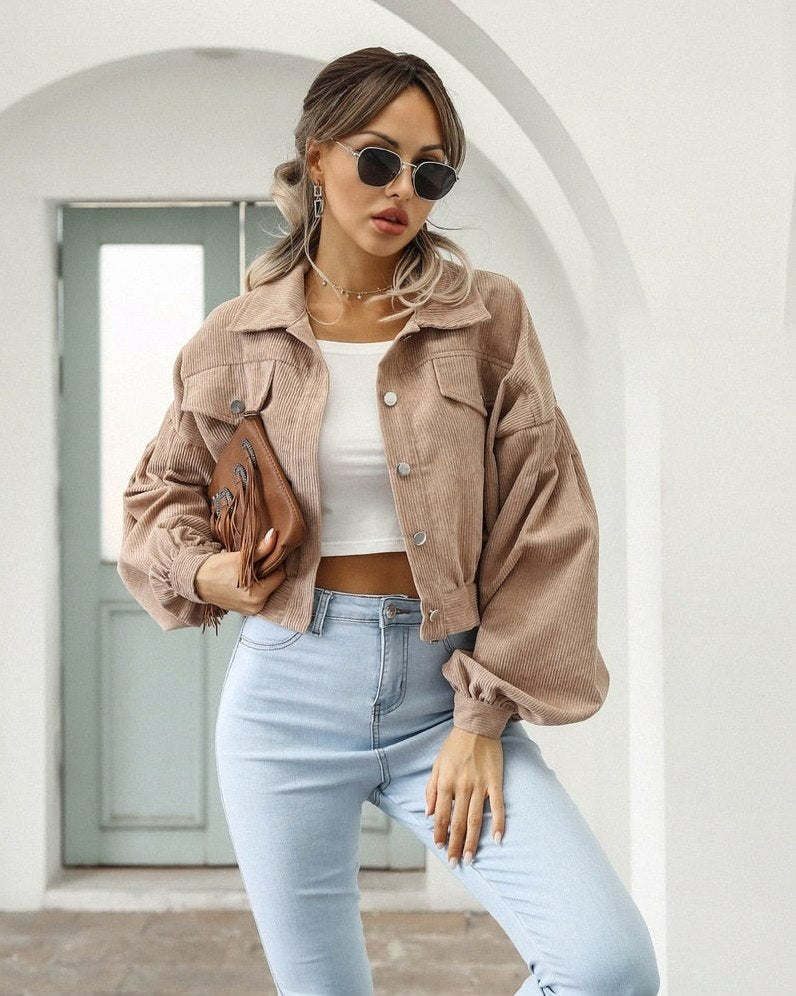 Corduroy Button Front Cropped Jacket
