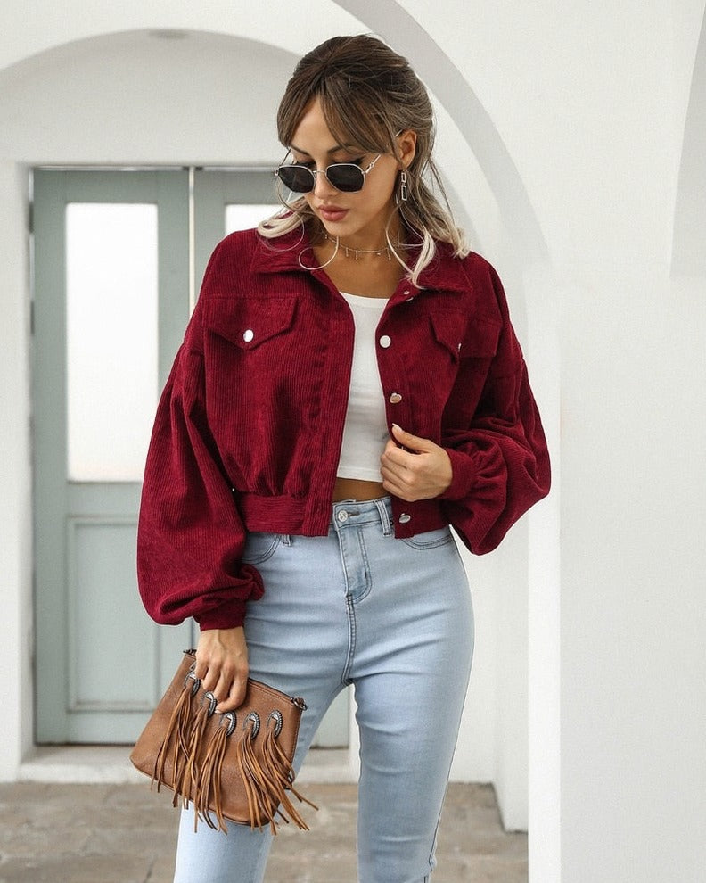 Corduroy Button Front Cropped Jacket