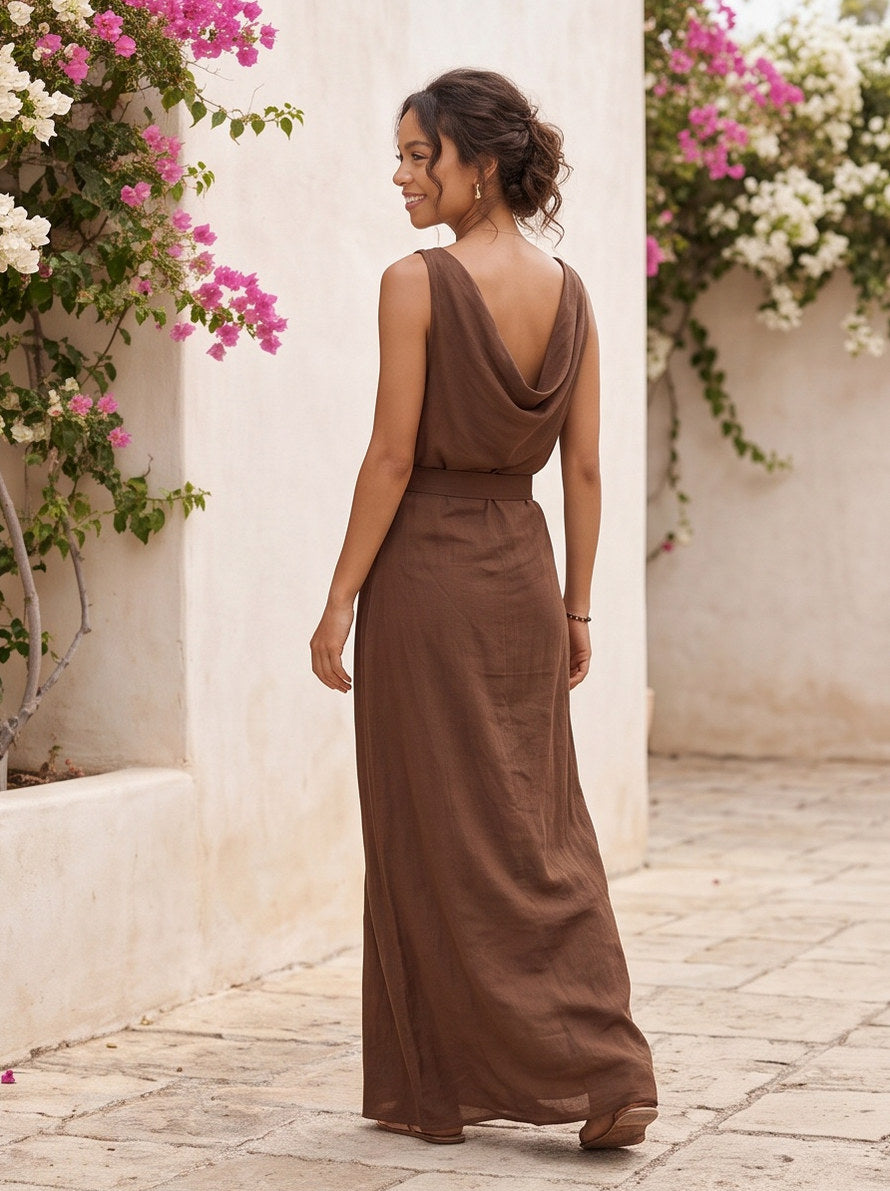Cowl Draped Belted Maxi Dress
