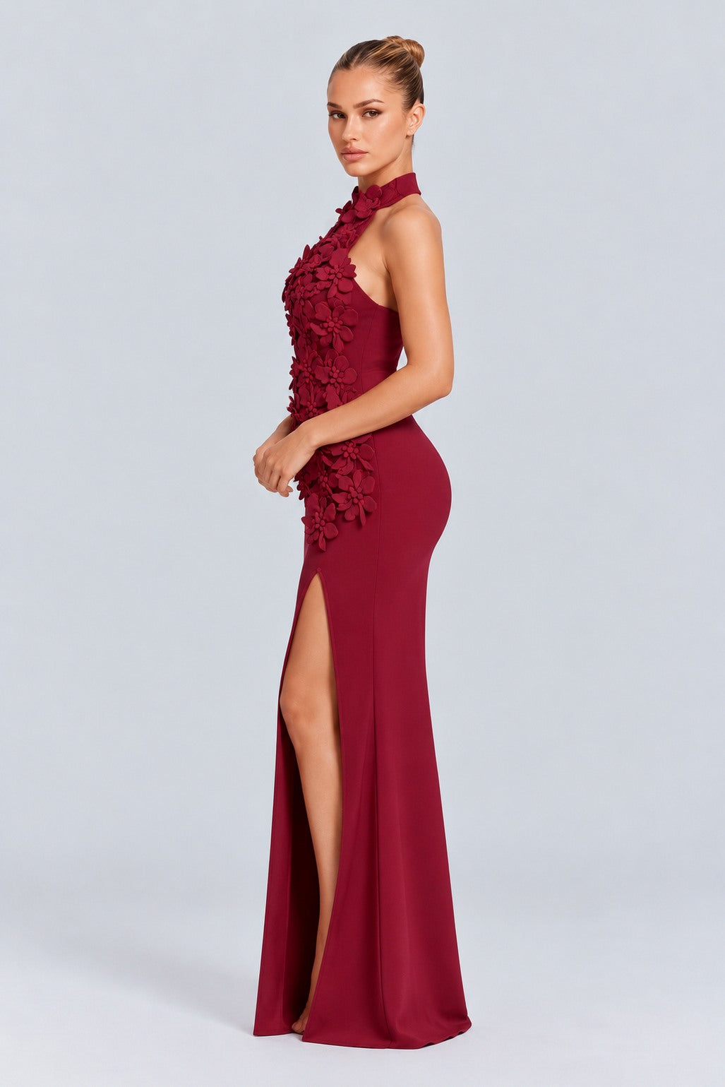 Crepe Applique Cutout Maxi Dress