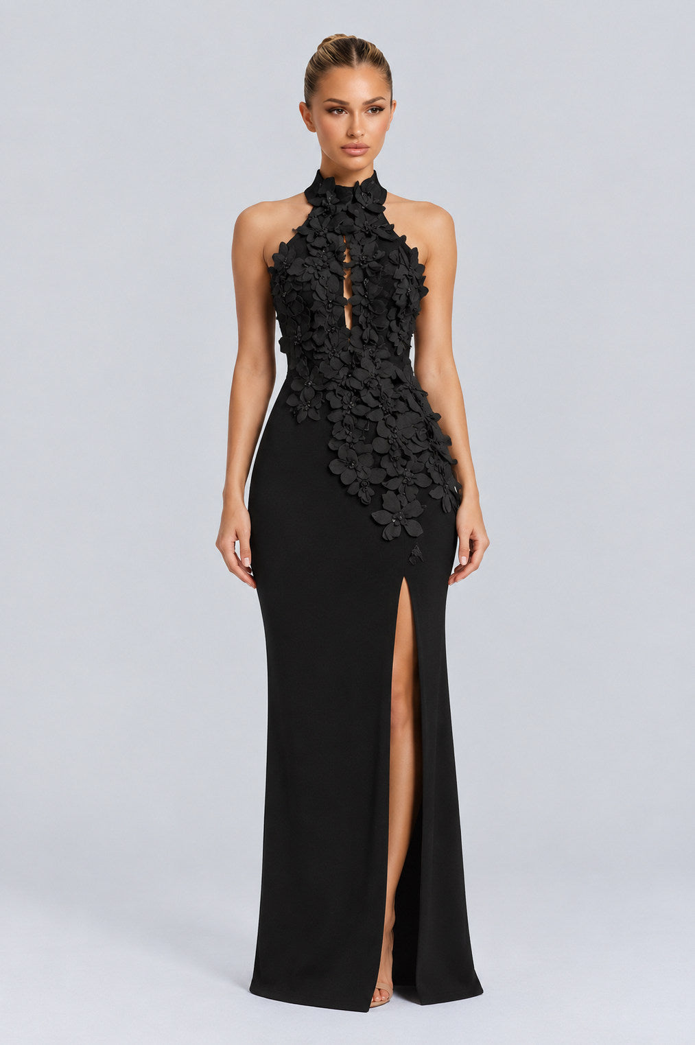 Crepe Applique Cutout Maxi Dress
